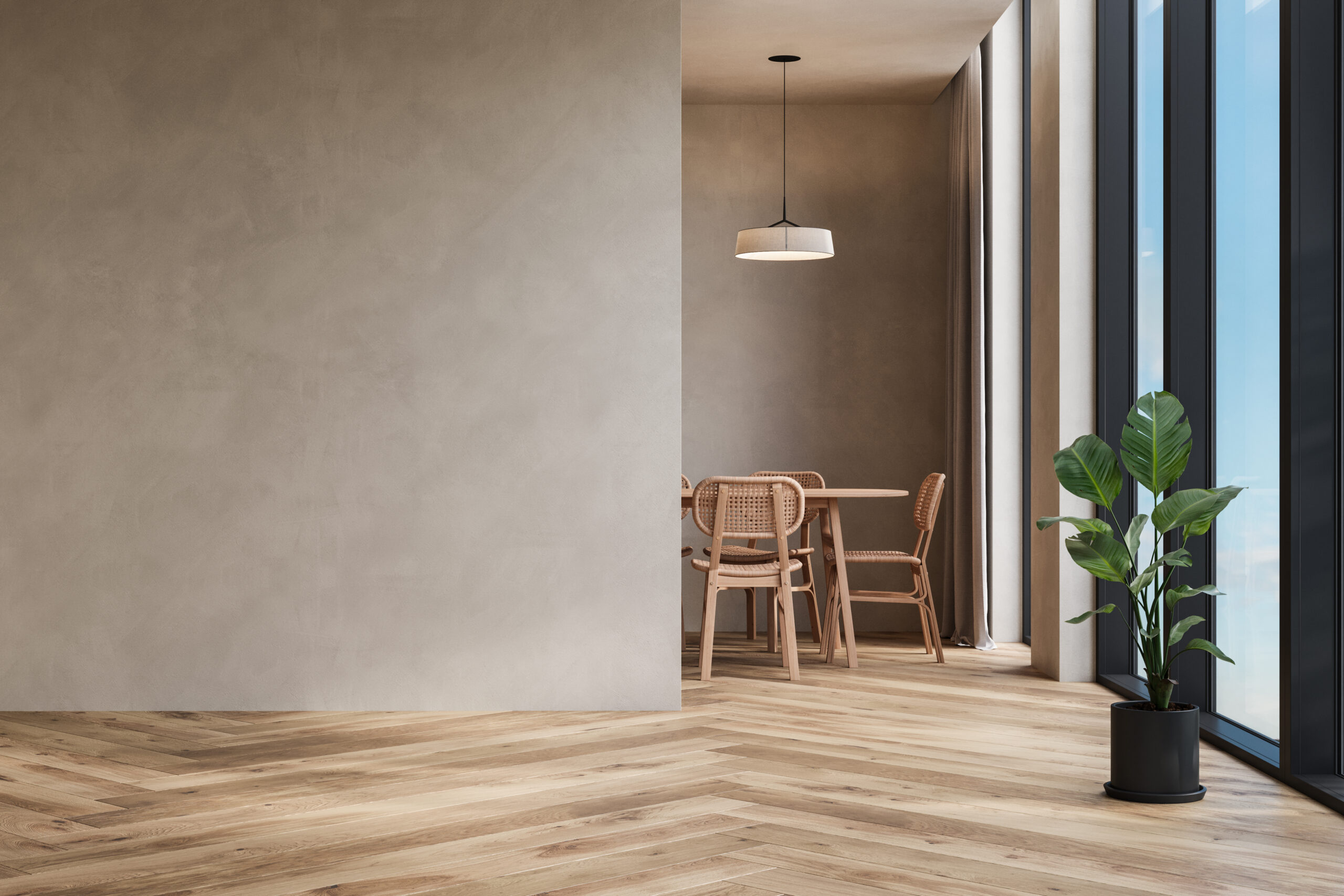 Modern interior design of apartment, dining room with table and chairs, empty living room with beige wall, panorama.